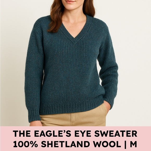 The Eagle’s Eye Shetland Wool V-Neck Sweater Rib Knit Vintage Academia Blue Med - Picture 1 of 8